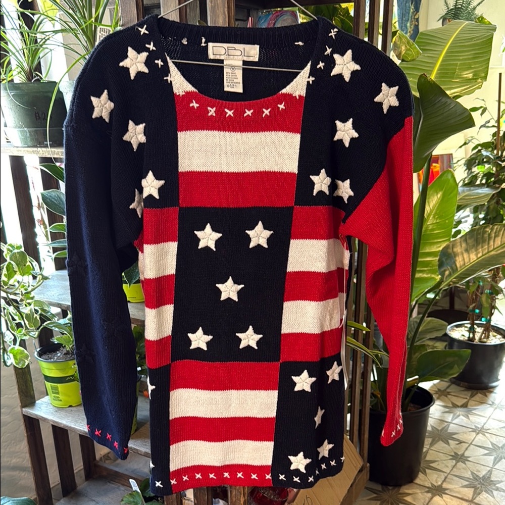 Red and White Crew Neck Sweater with Bold Stars and Stripes